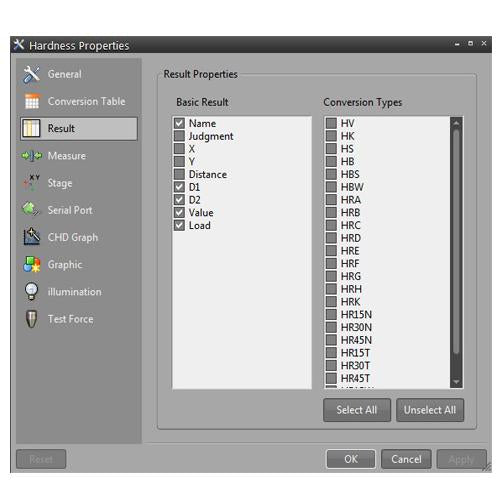 Hardness tester software with results options and hardness conversions.