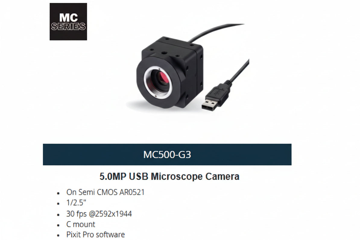 MC Sembs MC500-G3 5.0MP USB microscope camera shown on a white background with product details text below and a red model banner.